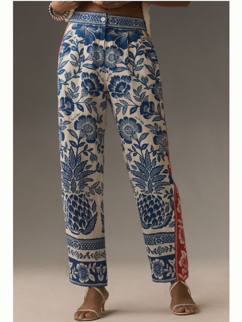 Farm Rio Blue Floral Print Pants with Red Floral Side Stripe